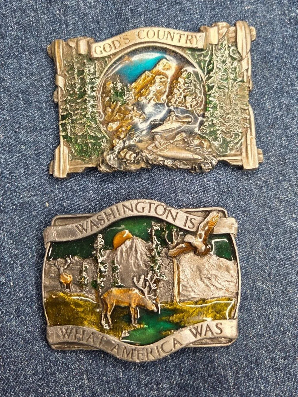 Lot of 2 - 1980s Bergamot Vintage God's Country & Washington Enamel Belt Buckles